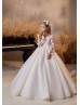 Long Sleeves Beaded White Lace Tulle Floral Flower Girl Dress Long Sleeves Beaded White Lace Tulle Floral Flower Girl Dress
